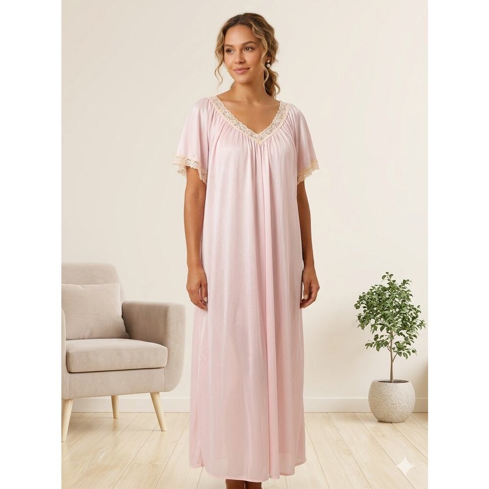 Vintage Long Nightgown Pink Lace Trim Coquette Minimalist Whimsigoth